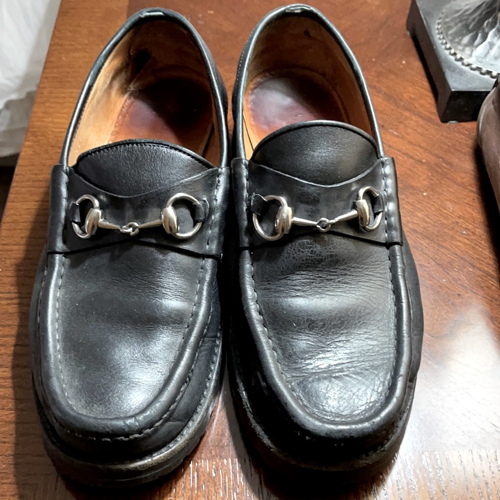 Black Gucci Silver Horsebit Leather Loafers Rubber Soles